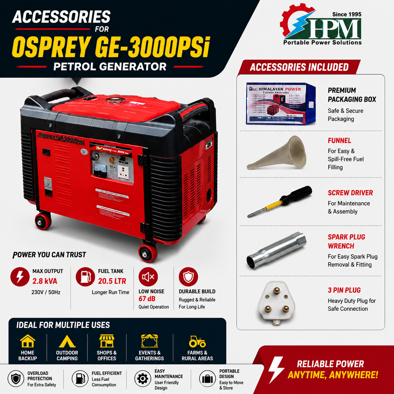 3 KVA Portable Inverter Petrol Generator - Osprey GE-3000PSi Silent & Fuel Efficient